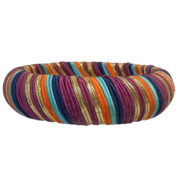 1980s Purple Turquoise Coral Navy Gold Wrapped Fabric Cord Bangle Bracelet - Picture 3 of 5